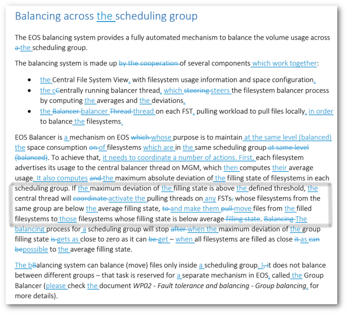 Screenshot of a document containing a complex technical explanation concerning EOS balancing system and showing in aqua blue font numerous tracked changes that make the text clearer and more precise.