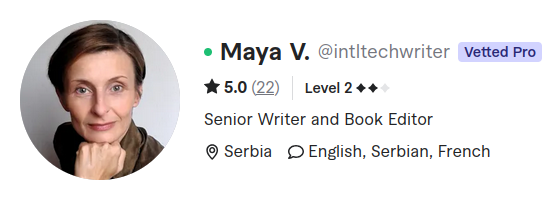 Screenshot of Maya V.'s profile on Fiverr, showing a 5-star rating and a Vetted Pro badge.