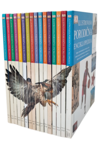 Set of 16 thin colourful volumes of the Montenegrin translation of Dorling Kindersley's 'Illustrated Family Encyclopedia Millennium' whose spines form an image of a bird of prey with open wings.